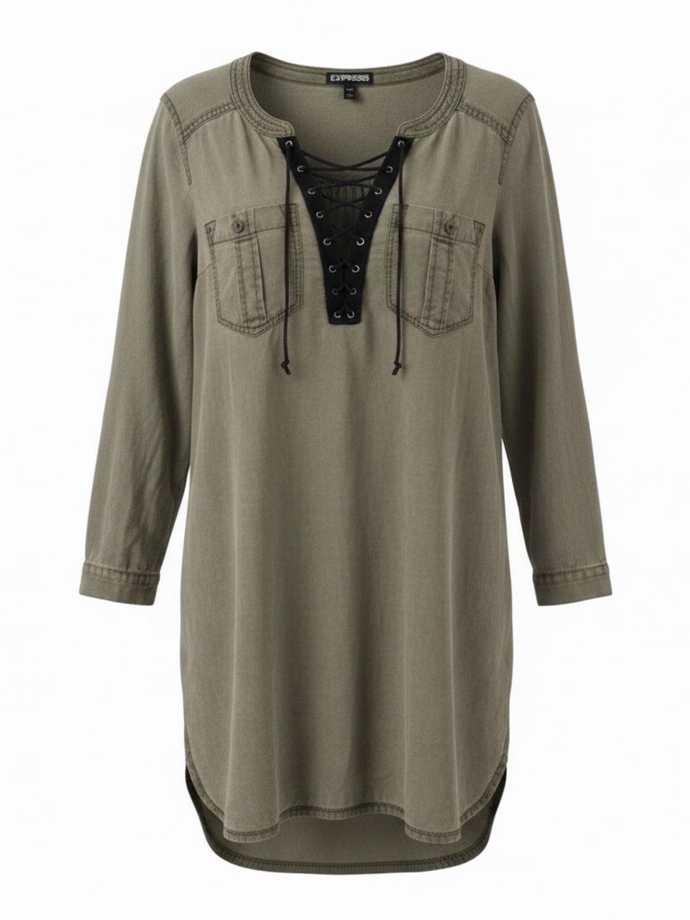 Express Chambray Gray Lace NeckRoll-Tab Sleeve Shirt/Dress 2 Pockets S/P